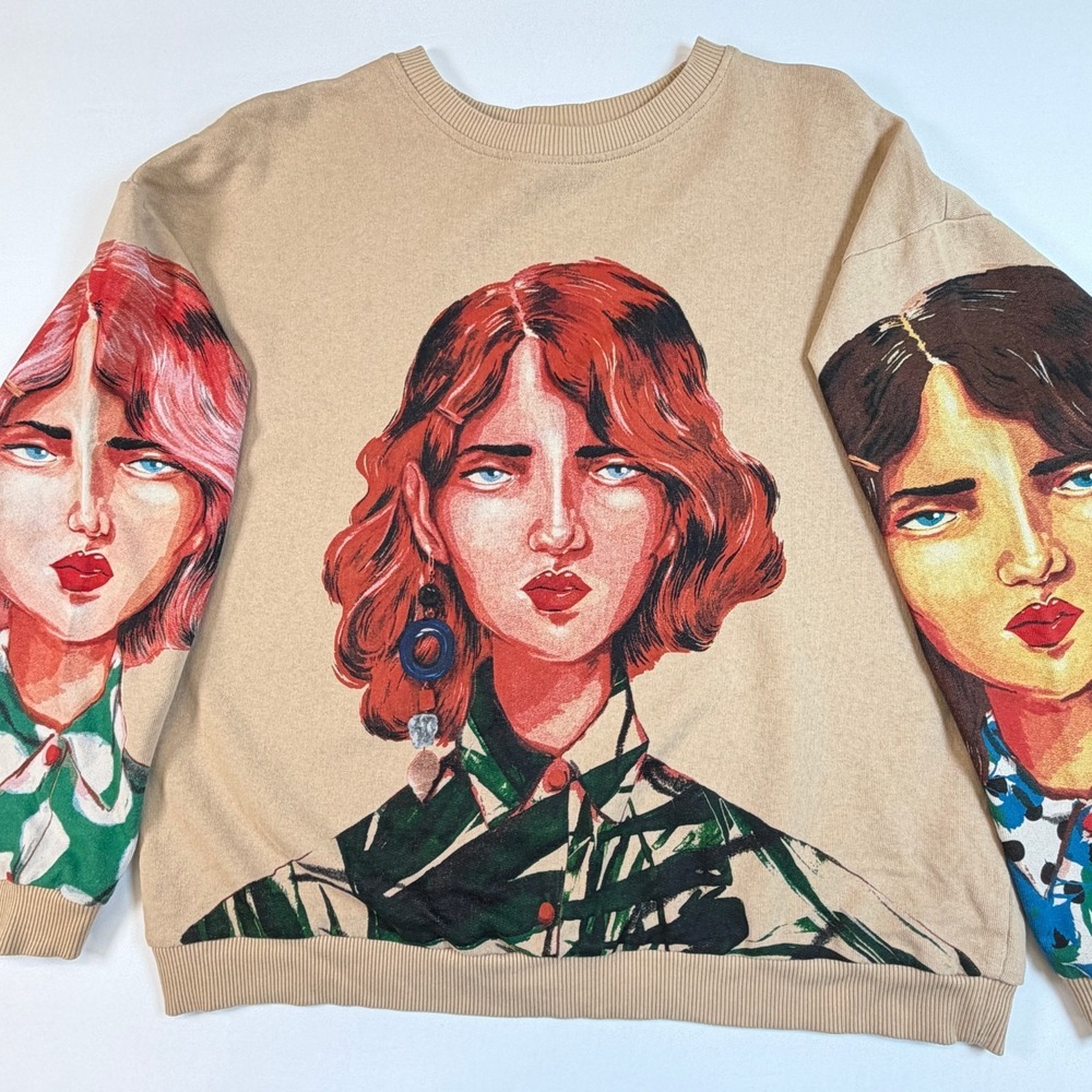 Zara Graphic Crewneck Sweatshirt Womens M Portraits Art to Wear Tan Pullover